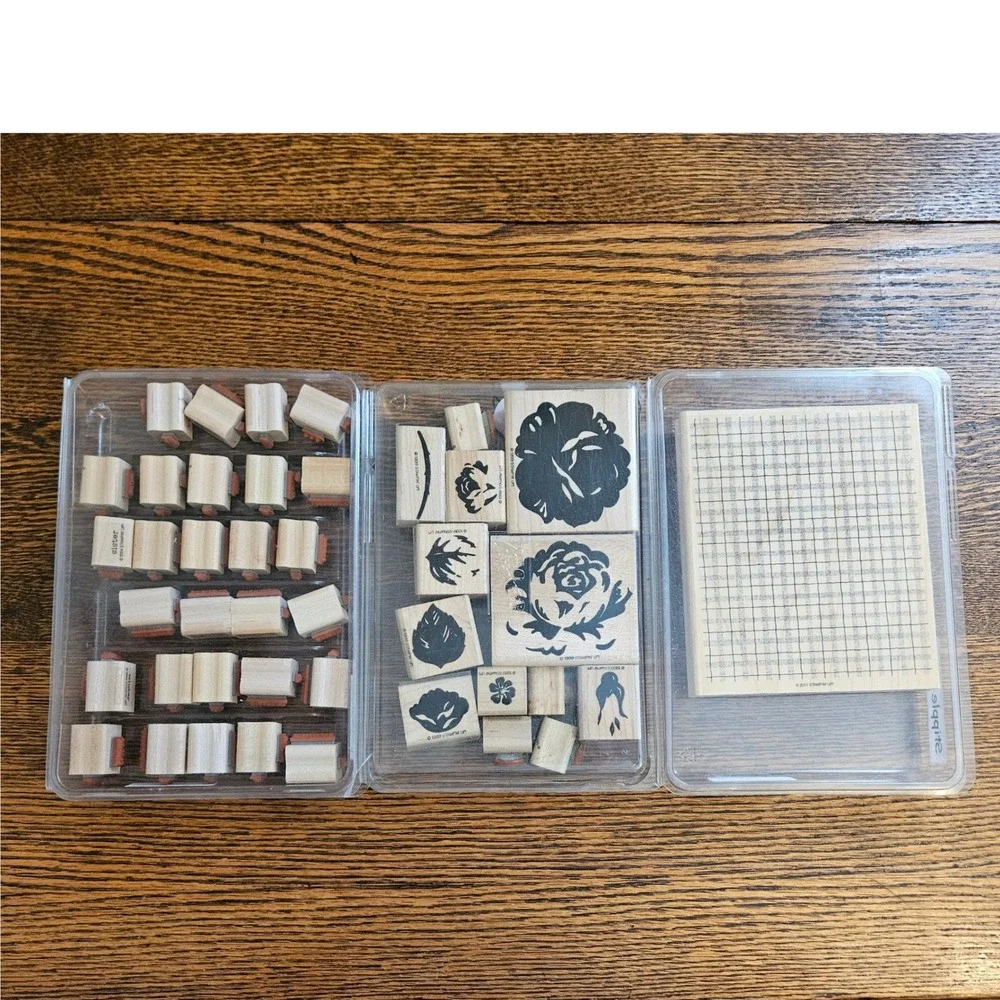 Stampin Up Wood Mounted Rubber Stamp Lot Cottage Rose Everyday Phrases‎ Plaid